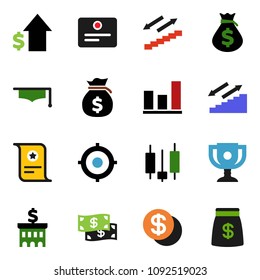solid vector ixon set - graduate hat vector, award cup, certificate, graph, japanese candle, money bag, dollar growth, bank building, target, stairways run, coin, cash