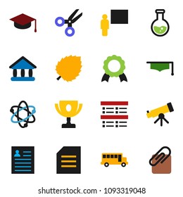 solid vector ixon set - graduate hat vector, blackboard, atom, telescope, award cup, medal, scissors, school bus, document, personal information, flask, leaf, exam, university, attachment