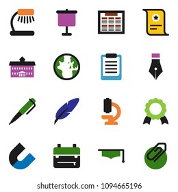 solid vector ixon set - graduate hat vector, pen, university, backpack, table lamp, schedule, clipboard, medal, certificate, magnet, presentation, world, microscope, attachment