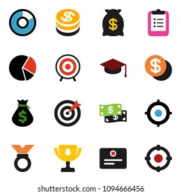 solid vector ixon set - graduate hat vector, clipboard, award cup, certificate, pie graph, money bag, target, medal, dollar coin, cash