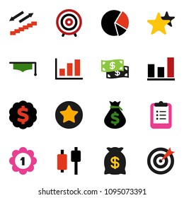 solid vector ixon set - graduate hat vector, clipboard, graph, pie, japanese candle, money bag, target, dollar medal, stairways run, favorites, cash