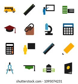 solid vector ixon set - graduate hat vector, pencil, school building, blackboard, ruler, drawing compass, bus, calculator, microscope, attachment, catalog