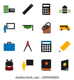 solid vector ixon set - graduate hat vector, pencil, school building, blackboard, ruler, drawing compass, case, backpack, bus, calculator, attachment, catalog