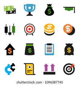 solid vector ixon set - graduate hat vector, clipboard, award cup, certificate, japanese candle, money bag, dollar growth, cent sign, target, top, coin, cash