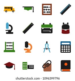 solid vector ixon set - graduate hat vector, school building, ruler, drawing compass, backpack, bus, abacus, calculator, microscope, attachment, catalog