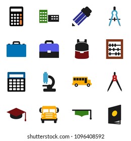solid vector ixon set - graduate hat vector, pencil, school building, drawing compass, case, backpack, bus, abacus, calculator, microscope, catalog