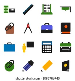solid vector ixon set - graduate hat vector, pencil, school building, blackboard, ruler, drawing compass, case, backpack, abacus, calculator, attachment, catalog