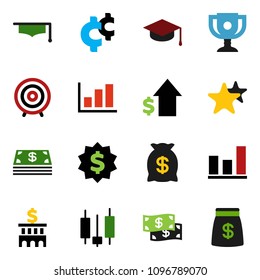 solid vector ixon set - graduate hat vector, award cup, graph, japanese candle, dollar growth, bank building, target, medal, cent sign, favorites, cash, money bag