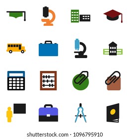 solid vector ixon set - graduate hat vector, school building, blackboard, drawing compass, case, bus, abacus, calculator, microscope, attachment, catalog