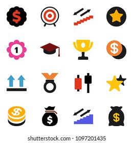 solid vector ixon set - graduate hat vector, award cup, japanese candle, money bag, dollar medal, target, stairways run, top sign, favorites, coin