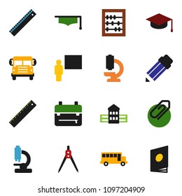 solid vector ixon set - graduate hat vector, pencil, school building, blackboard, ruler, drawing compass, backpack, bus, abacus, microscope, attachment, catalog