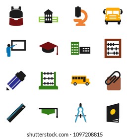 solid vector ixon set - graduate hat vector, pencil, school building, blackboard, ruler, drawing compass, backpack, bus, abacus, microscope, attachment, catalog
