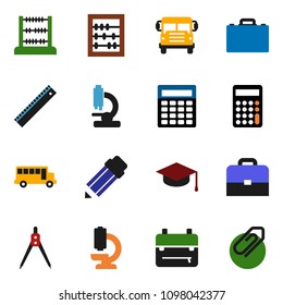 solid vector ixon set - graduate hat vector, pencil, ruler, drawing compass, case, backpack, school bus, abacus, calculator, microscope, attachment