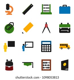solid vector ixon set - graduate hat vector, pencil, blackboard, ruler, drawing compass, case, backpack, school bus, abacus, calculator, microscope, attachment, catalog