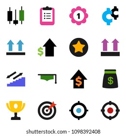solid vector ixon set - graduate hat vector, clipboard, award cup, japanese candle, dollar growth, target, cent sign, medal, stairways run, top, favorites, money bag