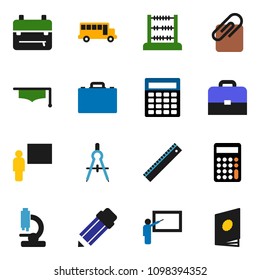 solid vector ixon set - graduate hat vector, pencil, blackboard, ruler, drawing compass, case, backpack, school bus, abacus, calculator, microscope, attachment, catalog