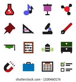 solid vector ixon set - graduate hat vector, pen, school building, corner ruler, case, microscope, schedule, paper pin, magnet, abacus, presentation, music, archive, molecule, flask, exam