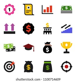 solid vector ixon set - graduate hat vector, award cup, certificate, graph, money bag, bank building, dollar medal, stairways run, top sign, cash, target