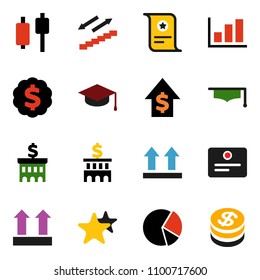 solid vector ixon set - graduate hat vector, certificate, graph, pie, japanese candle, dollar growth, bank building, medal, stairways run, top sign, favorites, coin