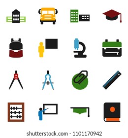 solid vector ixon set - graduate hat vector, school building, blackboard, ruler, drawing compass, backpack, bus, abacus, microscope, attachment, catalog
