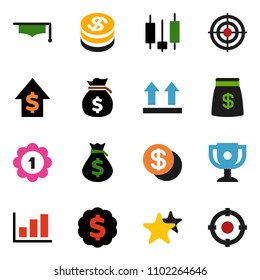 solid vector ixon set - graduate hat vector, award cup, graph, japanese candle, money bag, dollar growth, medal, target, top sign, favorites, coin