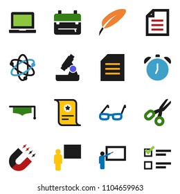 solid vector ixon set - graduate hat vector, pen, blackboard, glasses, backpack, atom, microscope, notebook pc, alarm clock, certificate, magnet, scissors, document, exam
