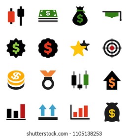 solid vector ixon set - graduate hat vector, graph, japanese candle, money bag, dollar growth, medal, target, top sign, favorites, coin, cash
