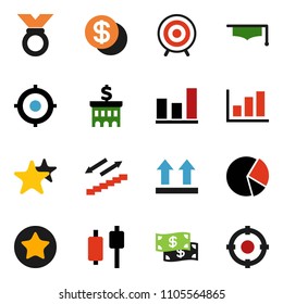 solid vector ixon set - graduate hat vector, graph, pie, japanese candle, bank building, target, medal, stairways run, top sign, favorites, dollar coin, cash