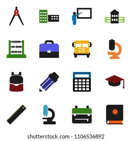 solid vector ixon set - graduate hat vector, pencil, school building, blackboard, ruler, drawing compass, case, backpack, bus, abacus, calculator, microscope, catalog