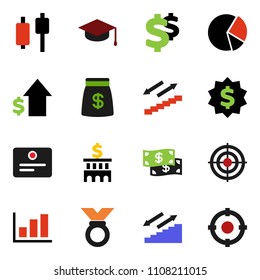 solid vector ixon set - graduate hat vector, certificate, graph, pie, japanese candle, dollar growth, bank building, medal, sign, target, stairways run, cash, money bag