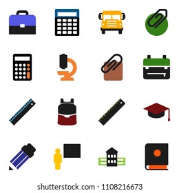 solid vector ixon set - graduate hat vector, pencil, school building, blackboard, ruler, case, backpack, bus, calculator, microscope, attachment, catalog