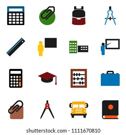 solid vector ixon set - graduate hat vector, school building, blackboard, ruler, drawing compass, case, backpack, bus, abacus, calculator, attachment, catalog