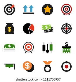 solid vector ixon set - graduate hat vector, pie graph, japanese candle, bank building, target, medal, top sign, favorites, dollar coin, cash, money bag