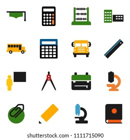 solid vector ixon set - graduate hat vector, pencil, school building, blackboard, ruler, drawing compass, backpack, bus, abacus, calculator, microscope, attachment, catalog