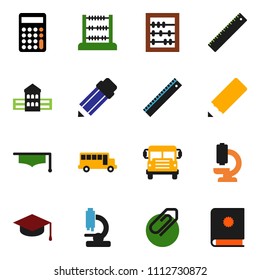 solid vector ixon set - graduate hat vector, pencil, school building, ruler, bus, abacus, calculator, microscope, attachment, catalog