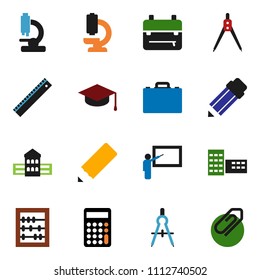 solid vector ixon set - graduate hat vector, pencil, school building, blackboard, ruler, drawing compass, case, backpack, abacus, calculator, microscope, attachment