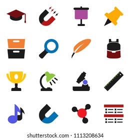 solid vector ixon set - graduate hat vector, pen, ruler, backpack, microscope, table lamp, paper pin, award cup, magnet, presentation, music, archive, molecule, magnifier, exam