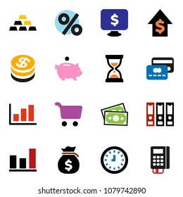 solid vector ixon set - graph vector, cart, money bag, piggy bank, dollar growth, clock, binder, sand, monitor, gold ingot, credit card, coin, percent, reader