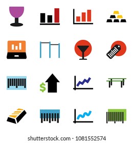 solid vector ixon set - graph vector, gold ingot, laptop, dollar growth, horizontal bar, glass, barcode