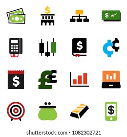 solid vector ixon set - graph vector, gold ingot, japanese candle, laptop, annual report, bank building, target, hierarchy, pound, cent sign, money, receipt, wallet, card reader, check, tap pay