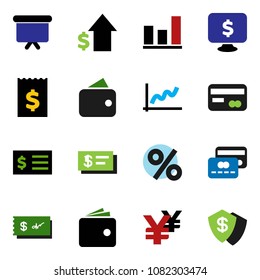 solid vector ixon set - graph vector, wallet, dollar growth, receipt, presentation board, monitor, yen sign, credit card, percent, check, shield
