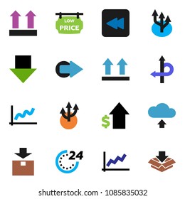 solid vector ixon set - graph vector, dollar growth, arrow down, route, top sign, package, backward button, cloud upload, low price signboard, 24 hour
