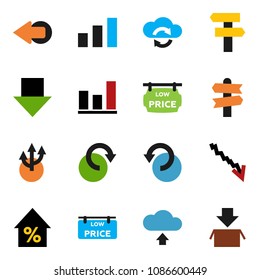 solid vector ixon set - graph vector, crisis, percent growth, arrow down, signpost, sorting, cloud exchange, redo, undo, upload, route, low price signboard, package