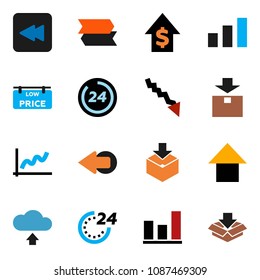 solid vector ixon set - graph vector, crisis, dollar growth, arrow up, package, sorting, backward button, cloud upload, low price signboard, 24 hour, signpost