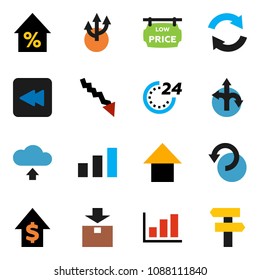solid vector ixon set - graph vector, crisis, percent growth, dollar, arrow up, route, package, sorting, backward button, refresh, undo, cloud upload, low price signboard, 24 hour, signpost