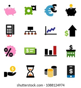 solid vector ixon set - graph vector, piggy bank, investment, dollar growth, coin stack, building, sand clock, hierarchy, any currency, euro sign, percent, card reader, check, tap pay