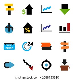 solid vector ixon set - graph vector, crisis, percent growth, dollar, target, arrow down, route, signpost, low price signboard, 24 hour, package