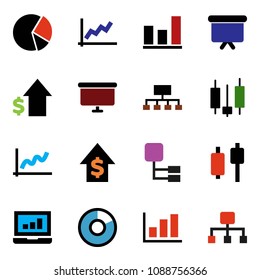 solid vector ixon set - graph vector, pie, japanese candle, laptop, dollar growth, presentation board, hierarchy