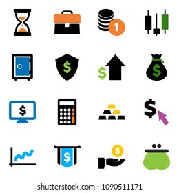 solid vector ixon set - graph vector, japanese candle, money bag, case, investment, dollar growth, coin stack, calculator, sand clock, flag, shield, safe, monitor, cursor, gold ingot, wallet