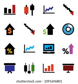 solid vector ixon set - graph vector, pie, japanese candle, laptop, crisis, percent growth, dollar, presentation board